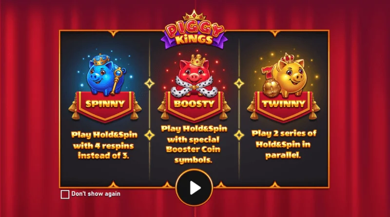 Piggy Kings - skrin utama dengan tiga ekor babi dan gelendong